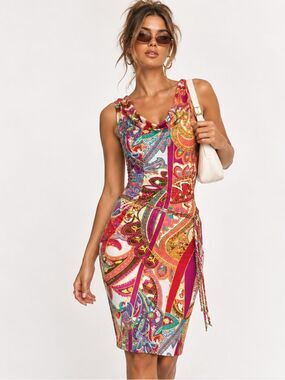 VINTAGE 90"s Y2K CACHE Paisley Sleeveless Sheath Knee Length Scoop Neck  Dress S